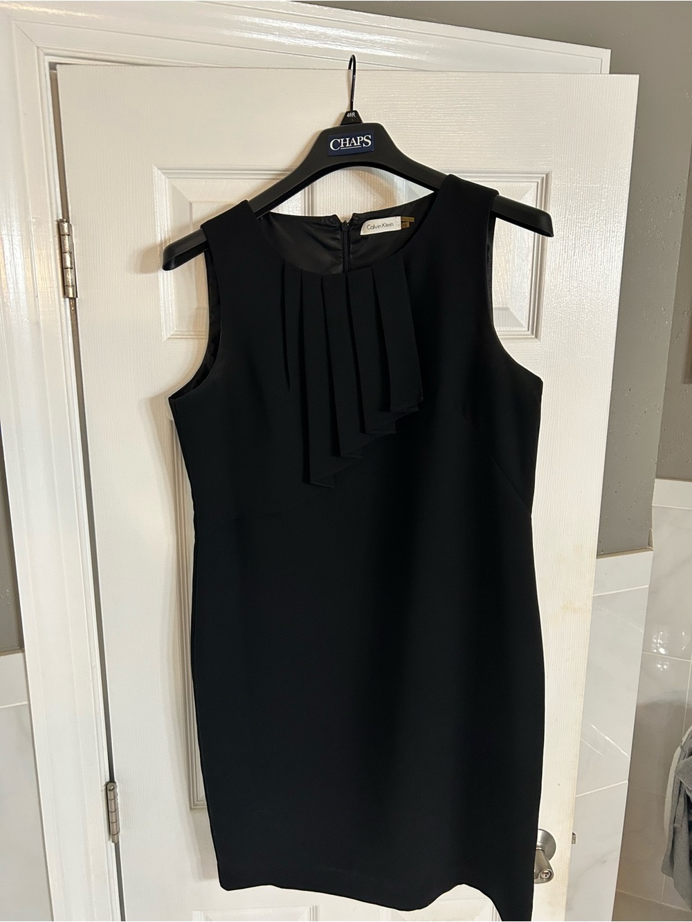 Calvin Klein Black Sleeveless Midi Sheath Dress with Front Pleats